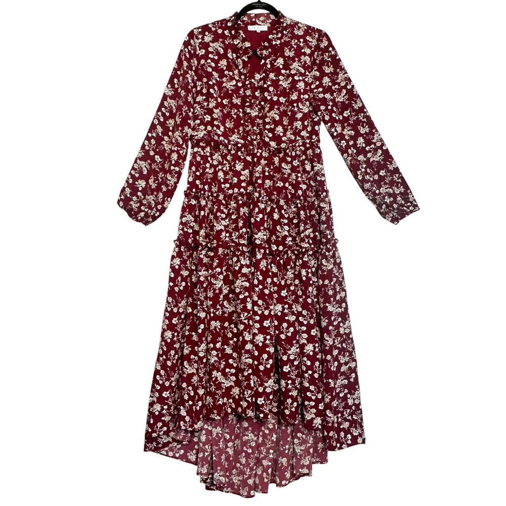 Ivy City Dress Lisbeth Floral Tiered Ruffle High Low Burgundy‎ M Cottagecore - Picture 2 of 15